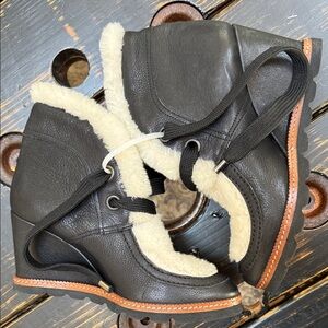 Fabianelli Black Leather Sherpa Wedge Booties Sz 37